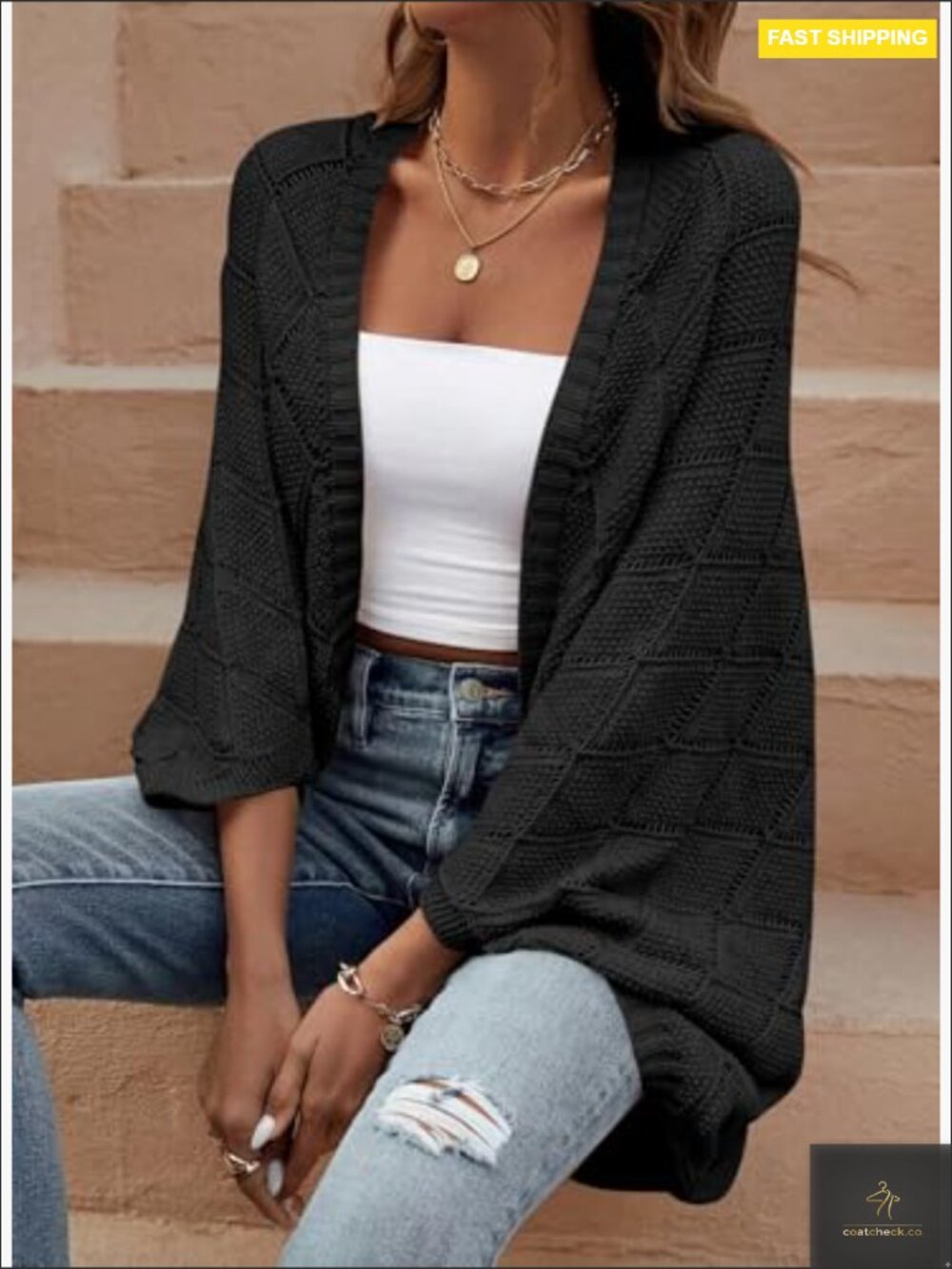 Oversized Crochet Batwing Sleeve Cardigan Boho Hollow Out Lightweight Shrug - Picture 3 of 7